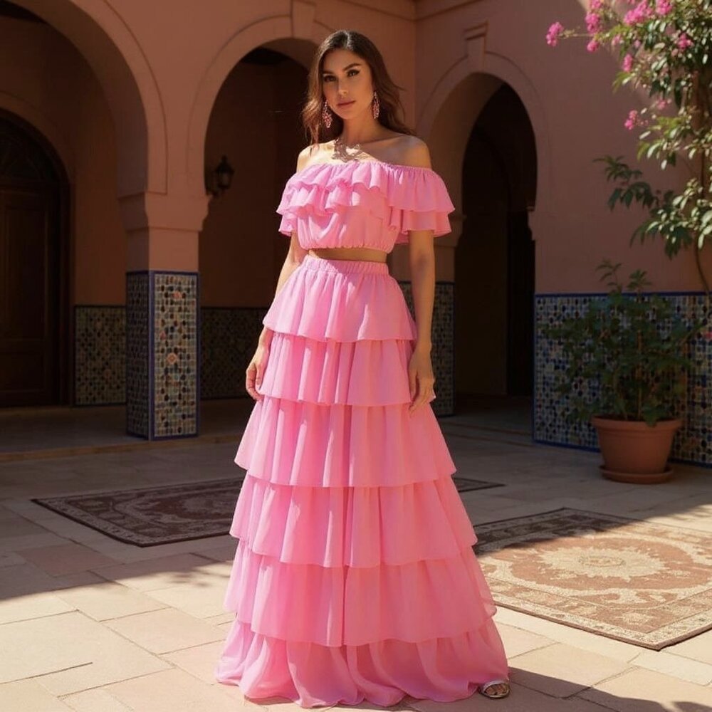 Faeristy Pink Tiered Ruffle Maxi Off-Shoulder Chiffon Elastic Waist Skirt Set M